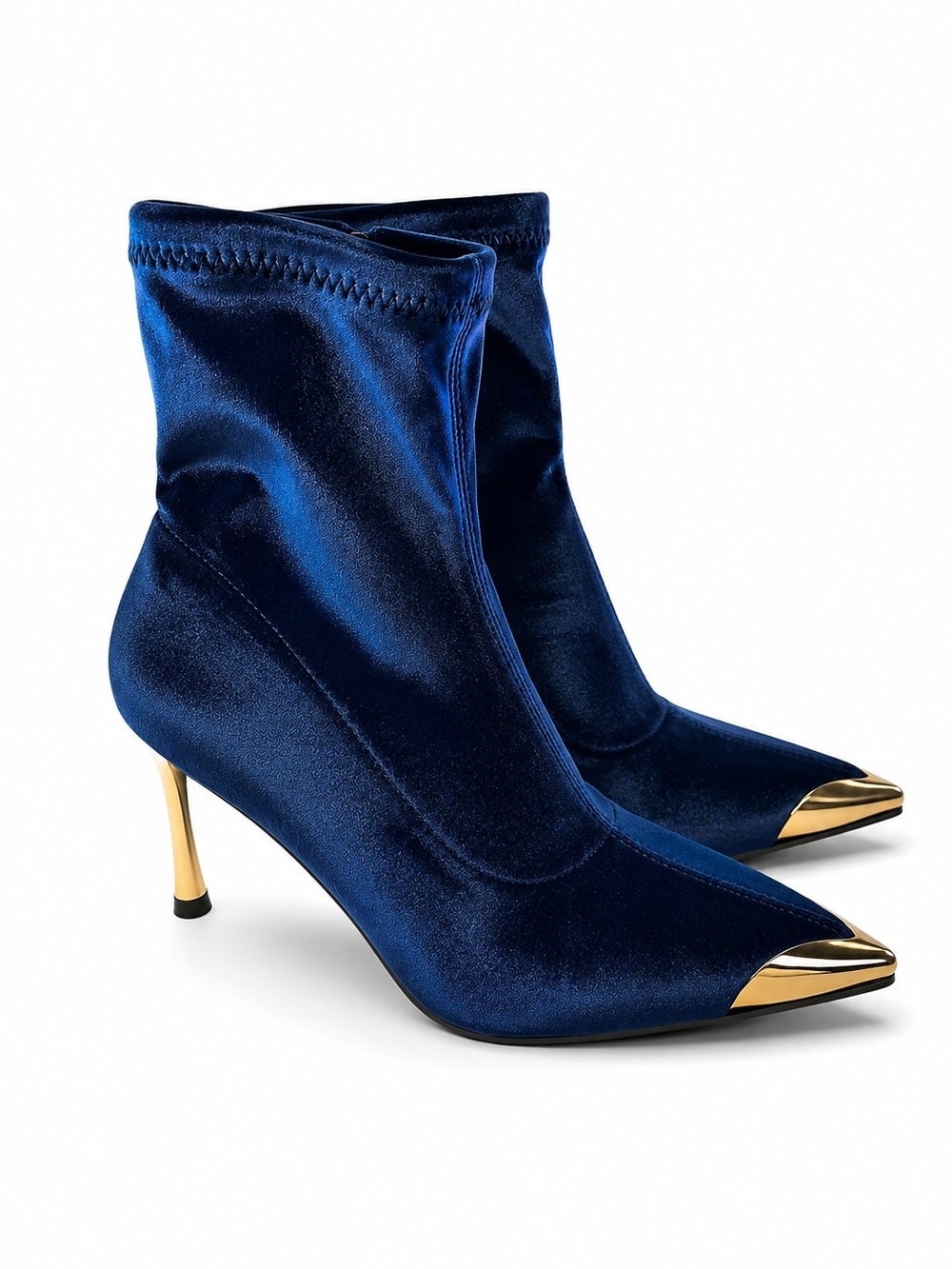 Women’s Royal Blue Velvet Stretch Ankle Boots with Gold Cap Toe & Heel Size 6.5